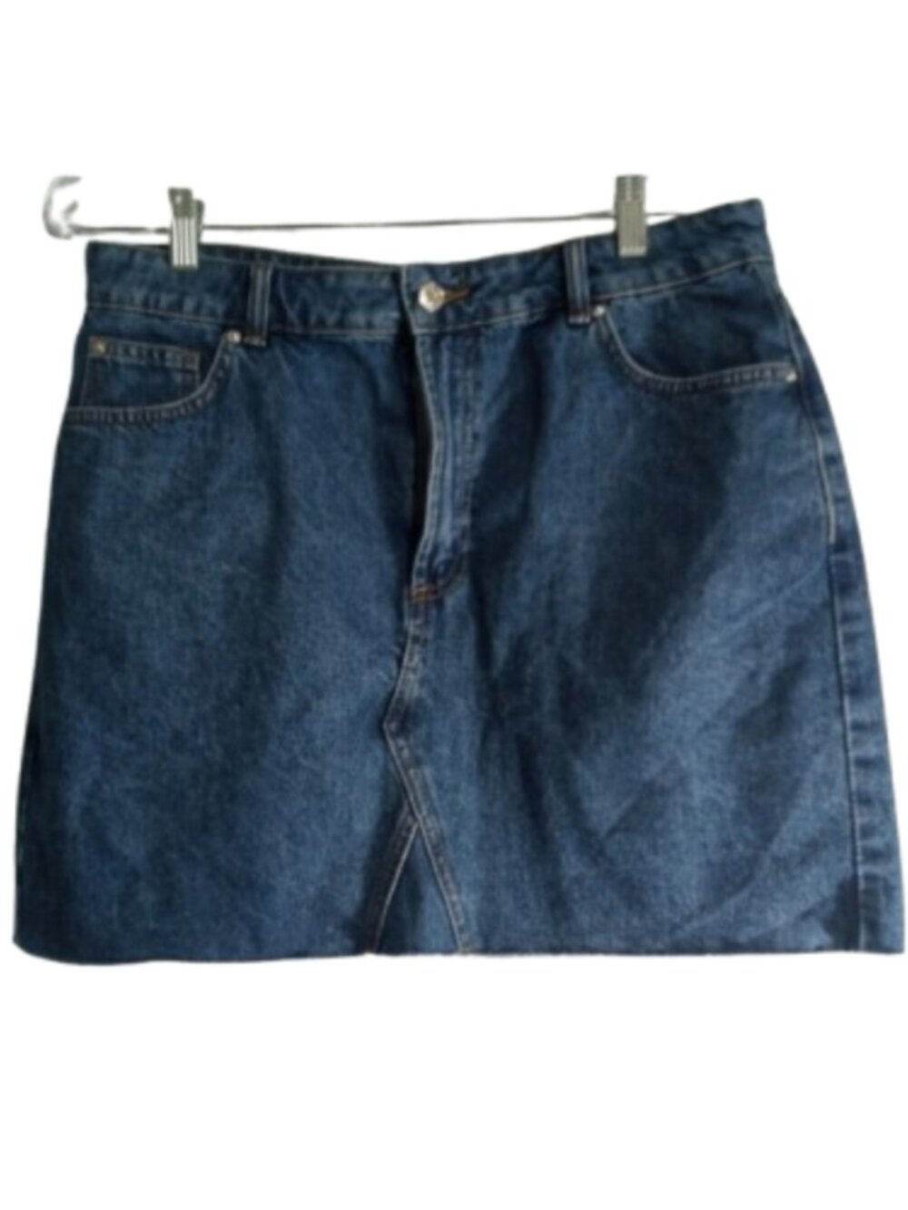 Primark Denim Co. Jean Skirt Mini Sz 12 Darker Blue 5 Pocket Belt Loops Raw Hem